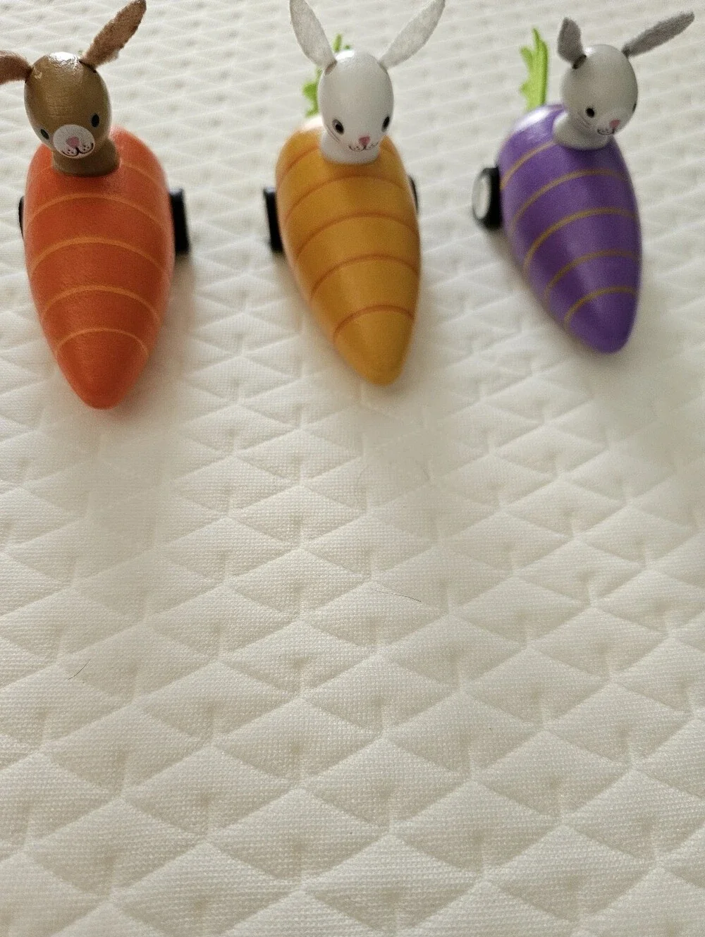 3 Wooden Bunny Carrot Pull Back Racers Easter Spring Toy Decor Set Tested Works